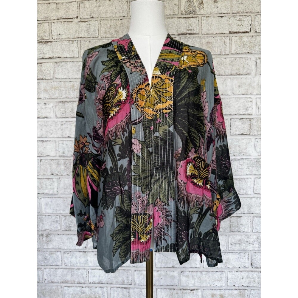 One Hundred Stars Kew Passion Flower Kimono Green Pink Floral Viscose Boho OS